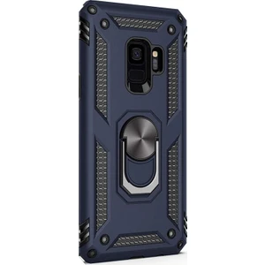 Samsung Galaxy S9 Plus Kılıf Çift Katmanlı Tank Yüzüklü Mıknatıslı Vega Kapak Lacivert