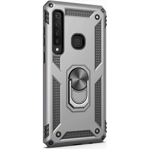 Samsung Galaxy A9 2018 Kılıf Çift Katmanlı Tank Yüzüklü Mıknatıslı Vega Kapak Gümüş