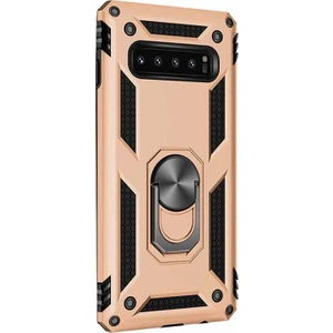Samsung Galaxy S10 + Plus Kılıf Çift Katmanlı Tank Yüzüklü Mıknatıslı Vega Kapak Gold