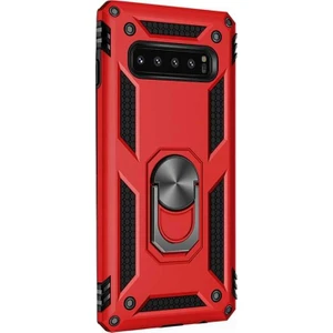 Samsung Galaxy S10 + Plus Kılıf Çift Katmanlı Tank Yüzüklü Mıknatıslı Vega Kapak Kırmızı