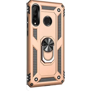 Huawei P30 Lite Kılıf Çift Katmanlı Tank Yüzüklü Mıknatıslı Vega Kapak Gold