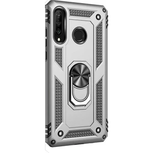 Huawei P30 Lite Kılıf Çift Katmanlı Tank Yüzüklü Mıknatıslı Vega Kapak Gümüş