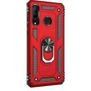 Huawei P30 Lite Kılıf Çift Katmanlı Tank Yüzüklü Mıknatıslı Vega Kapak Kırmızı