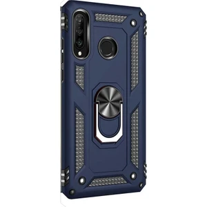 Huawei P30 Lite Kılıf Çift Katmanlı Tank Yüzüklü Mıknatıslı Vega Kapak Lacivert