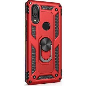 Huawei Y6 2019 Kılıf Çift Katmanlı Tank Yüzüklü Mıknatıslı Vega Kapak + Nano Glass Kırmızı
