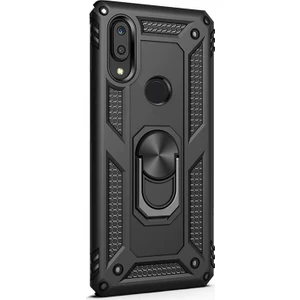 Huawei Y6 2019 Kılıf Çift Katmanlı Tank Yüzüklü Mıknatıslı Vega Kapak + Nano Glass Siyah