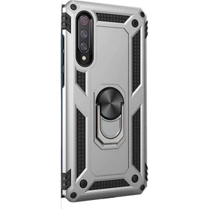 Xiaomi Mi 9 Kılıf Çift Katmanlı Tank Yüzüklü Mıknatıslı Vega Kapak + Nano Glass Gümüş