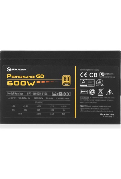 High Power 600W 80+ Gold Performance GD Aktif PFC Güç Kaynağı (HP1-J600GD-F12S)