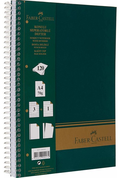 Faber-Castell Sert Kapak Seperatörlü 3+1 Bölümlü Yeşil Defter 120 Yaprak