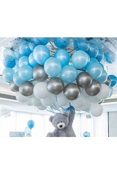 Balon Evi 30 Adet Metalik Balon (Mavi - Beyaz - Gümüş Karışık) Uçan Balon