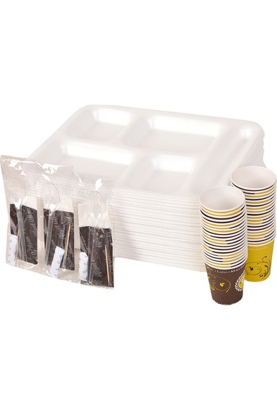 Smartpack Piknik Seti 50 Adet Beş Gözlü Köpük Tabak, 50 Adet Karton Bardak, 50 Adet 6'lı Lüx Set (Kaşık, Çatal, Selpak, Islak Mendil, Tuz, Kürdan)
