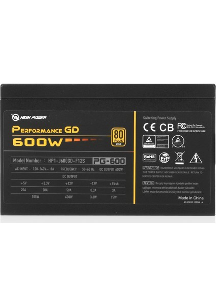 High Power 600W 80+ Gold Performance GD Aktif PFC Güç Kaynağı (HP1-J600GD-F12S)