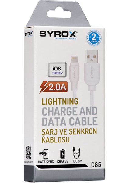 C85 Lightning 2.0A Şarj ve Data Kablosu - 1 mt