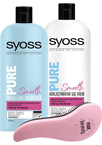 Pure Smooth Micellar Syoss Pure Smooth Micellar Şampuan 500 ml + Syoss Pure Smooth Micellar Saç Kremi 500 ml + Tarak