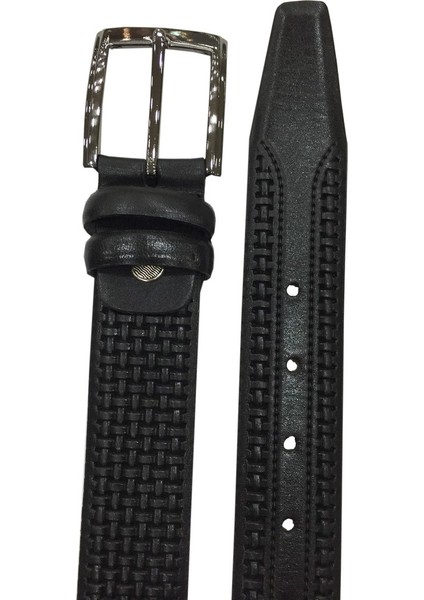 Erkek Siyah Özel Tasarım Örgü Desen Gerçek Deri Kemer