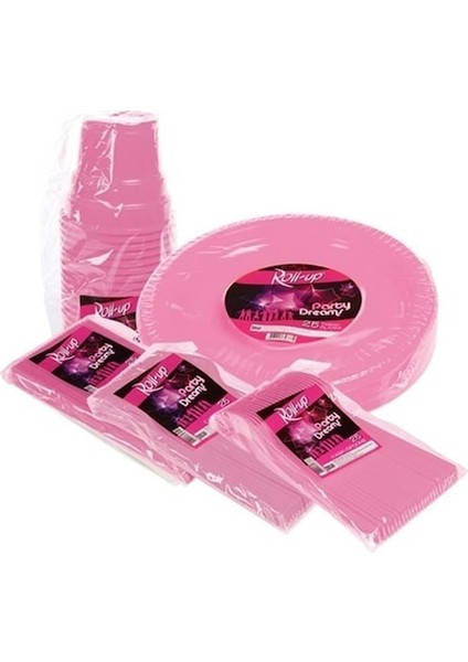 125 Parça 25 Kişilik Plastik Parti Sofra Seti Pembe Renk