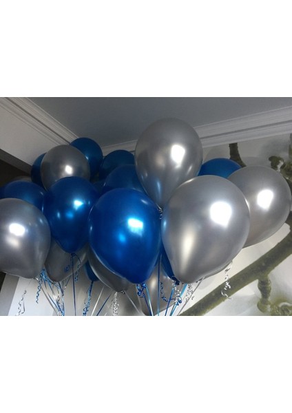 Balon Evi 50 Adet Metalik Kaliteli Balon (Mavi - Gümüş Karışık) Uçan Balon