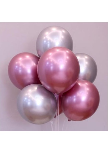 Balon Evi Balon Parti Balonu Krom Balon Gümüş-Pembe Balon 50 Adet