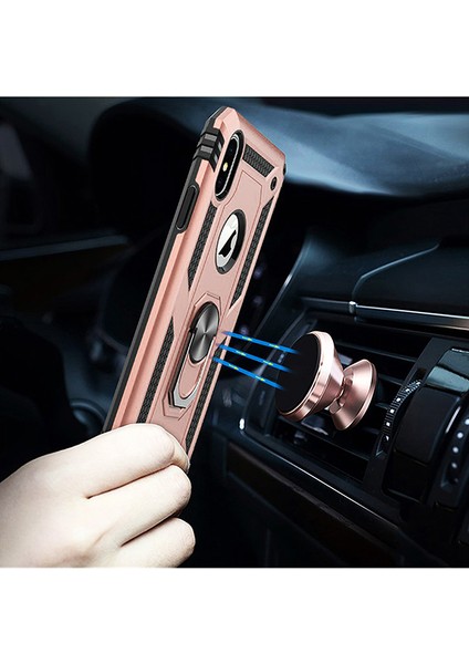 Apple iPhone X Kılıf Zırh Koruma Yüzüklü Standlı Armor Silikon Kapak Rose Gold