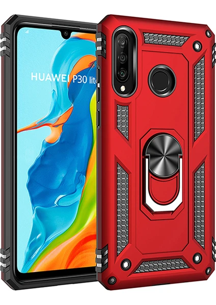 Huawei P30 Lite Kılıf Zırh Koruma Yüzüklü Standlı Armor Silikon Kapak Kırmızı