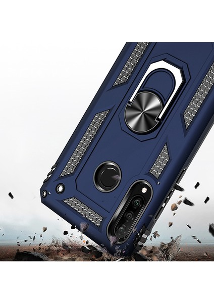 Huawei P30 Lite Kılıf Zırh Koruma Yüzüklü Standlı Armor Silikon Kapak Mavi