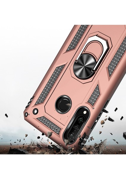 Huawei P30 Lite Kılıf Zırh Koruma Yüzüklü Standlı Armor Silikon Kapak Rose Gold