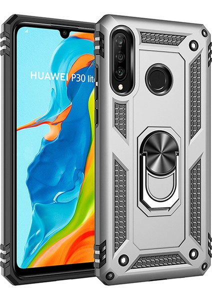 Huawei P30 Lite Kılıf Zırh Koruma Yüzüklü Standlı Armor Silikon Kapak + Ekran Koruma Gri