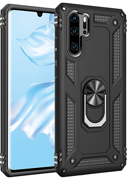 Huawei P30 Pro Kılıf Zırh Koruma Yüzüklü Standlı Armor Silikon Kapak Siyah