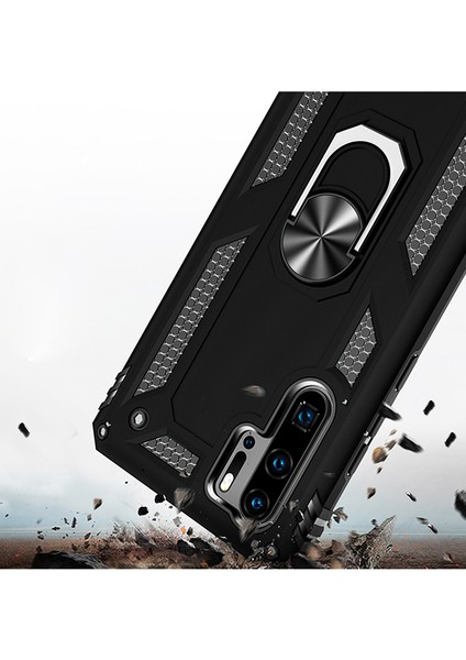 Huawei P30 Pro Kılıf Zırh Koruma Yüzüklü Standlı Armor Silikon Kapak Siyah