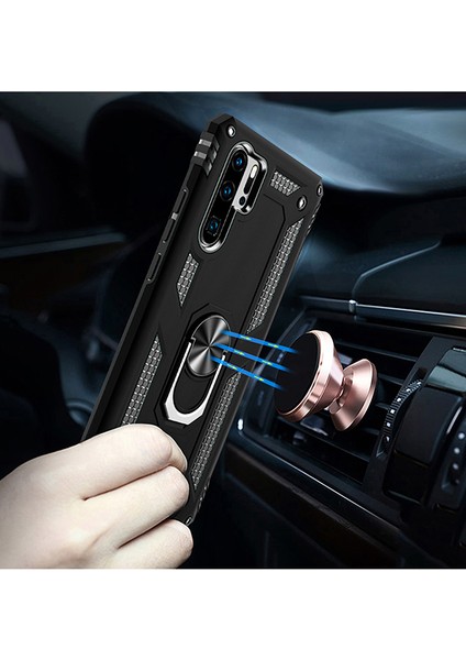 Huawei P30 Pro Kılıf Zırh Koruma Yüzüklü Standlı Armor Silikon Kapak Siyah