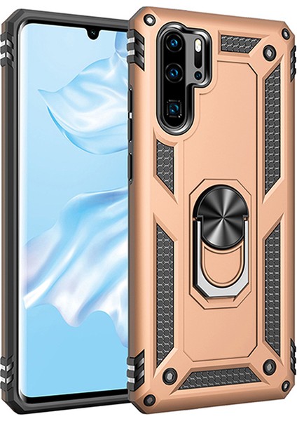 Huawei P30 Pro Kılıf Zırh Koruma Yüzüklü Standlı Armor Silikon Kapak Gold