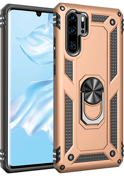 Huawei P30 Pro Kılıf Zırh Koruma Yüzüklü Standlı Armor Silikon Kapak Gold