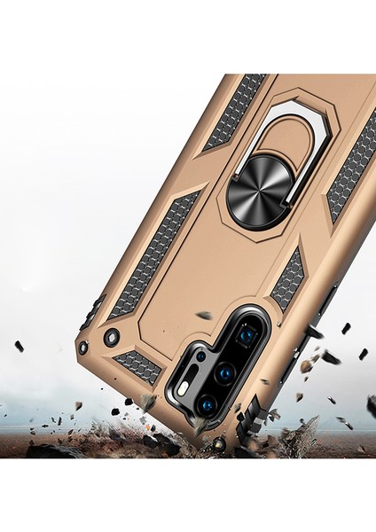 Huawei P30 Pro Kılıf Zırh Koruma Yüzüklü Standlı Armor Silikon Kapak Gold