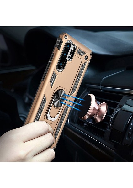 Huawei P30 Pro Kılıf Zırh Koruma Yüzüklü Standlı Armor Silikon Kapak Gold