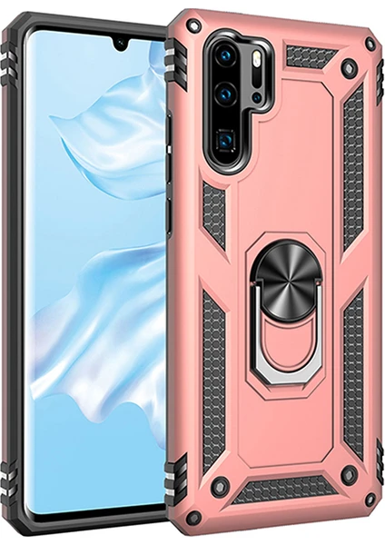 Huawei P30 Pro Kılıf Zırh Koruma Yüzüklü Standlı Armor Silikon Kapak Rose Gold