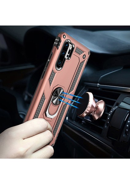 Huawei P30 Pro Kılıf Zırh Koruma Yüzüklü Standlı Armor Silikon Kapak Rose Gold