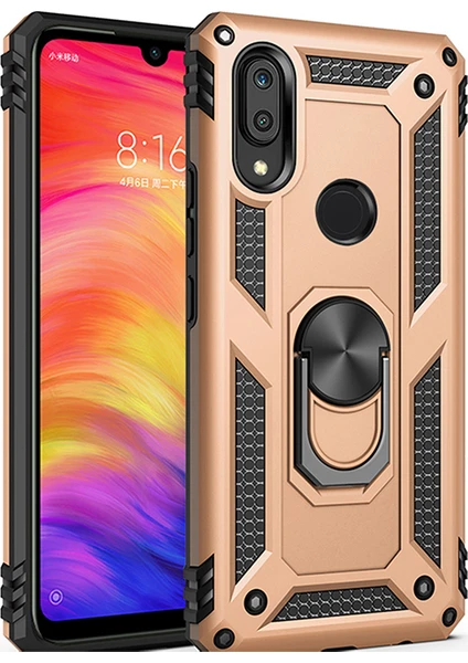 Huawei Y7 2019 Kılıf Zırh Koruma Yüzüklü Standlı Armor Silikon Kapak + Ekran Koruma Gold