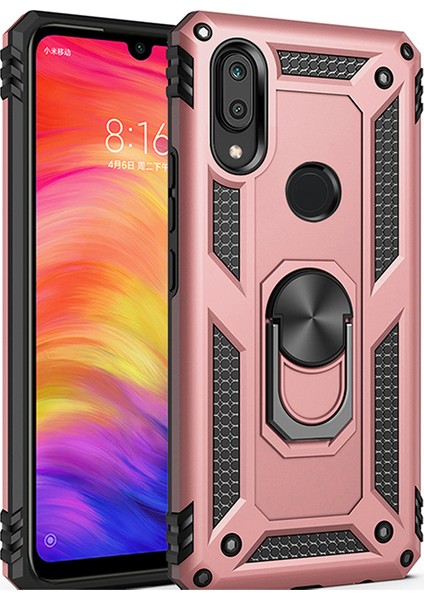 Huawei Y7 2019 Kılıf Zırh Koruma Yüzüklü Standlı Armor Silikon Kapak + Ekran Koruma Rose Gold