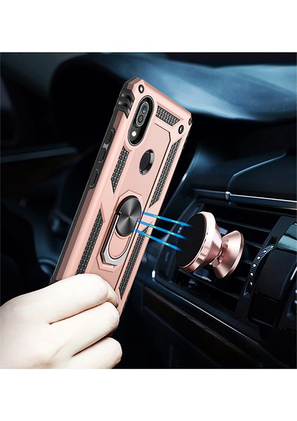 Huawei Y7 2019 Kılıf Zırh Koruma Yüzüklü Standlı Armor Silikon Kapak + Ekran Koruma Rose Gold