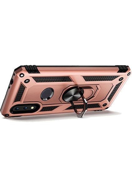 Huawei Y7 2019 Kılıf Zırh Koruma Yüzüklü Standlı Armor Silikon Kapak + Ekran Koruma Rose Gold