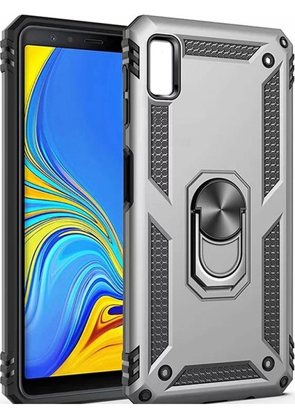 Samsung Galaxy A10 Kılıf Zırh Koruma Yüzüklü Standlı Armor Silikon Kapak Gri