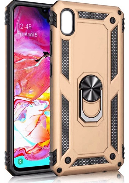 Samsung Galaxy A10 Kılıf Zırh Koruma Yüzüklü Standlı Armor Silikon Kapak + Ekran Koruma Gold