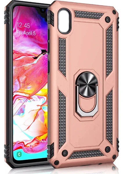 Samsung Galaxy A10 Kılıf Zırh Koruma Yüzüklü Standlı Armor Silikon Kapak + Ekran Koruma Rose Gold