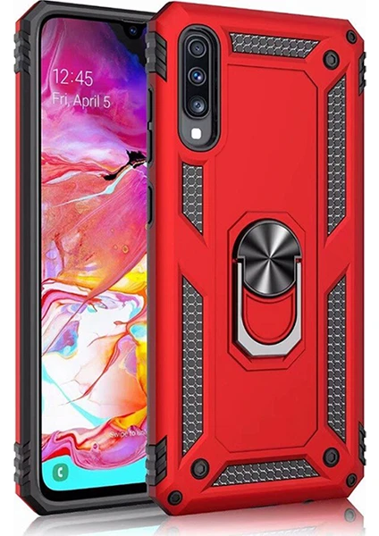 Samsung Galaxy A50 Kılıf Zırh Koruma Yüzüklü Standlı Armor Silikon Kapak + Ekran Koruma Kırmızı