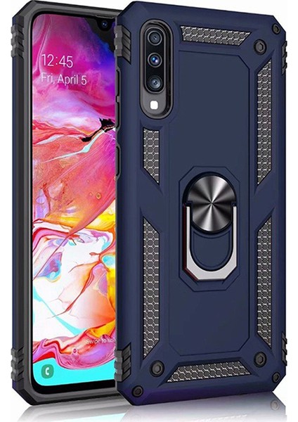 Samsung Galaxy A50 Kılıf Zırh Koruma Yüzüklü Standlı Armor Silikon Kapak + Ekran Koruma Mavi