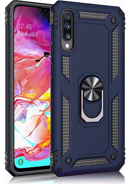 Samsung Galaxy A50 Kılıf Zırh Koruma Yüzüklü Standlı Armor Silikon Kapak + Ekran Koruma Mavi