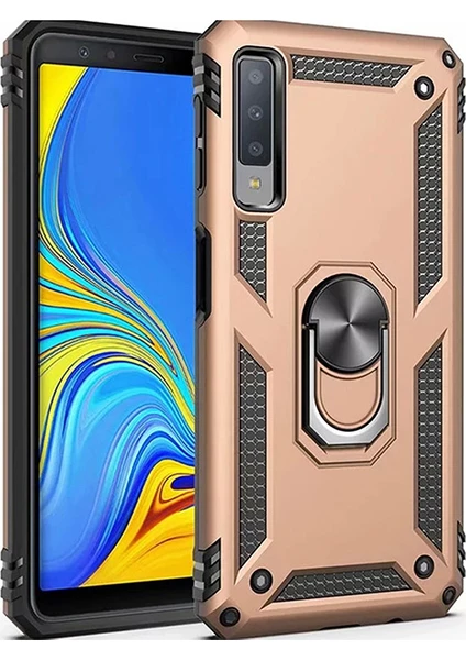 Samsung Galaxy A7 2018 Kılıf Zırh Koruma Yüzüklü Standlı Armor Silikon Kapak Gold