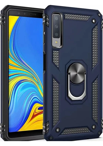 Samsung Galaxy A7 2018 Kılıf Zırh Koruma Yüzüklü Standlı Armor Silikon Kapak Mavi