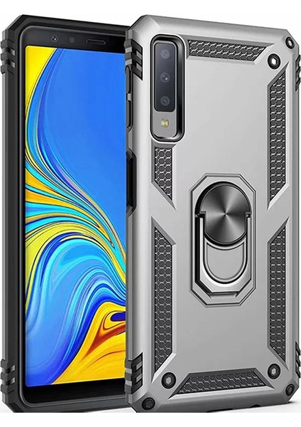 Samsung Galaxy A7 2018 Kılıf Zırh Koruma Yüzüklü Standlı Armor Silikon Kapak Gri