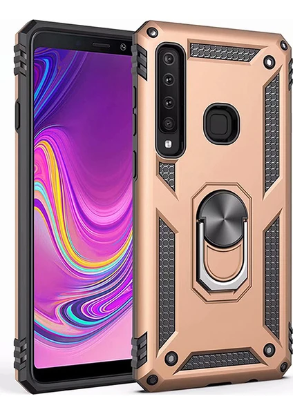 Samsung Galaxy A9 2018 Kılıf Zırh Koruma Yüzüklü Standlı Armor Silikon Kapak + Ekran Koruma Gold